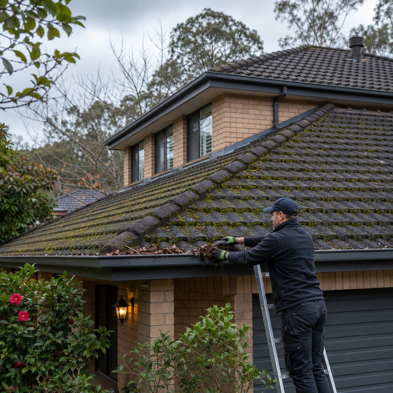gutter cleaning on a mossy roof in Cherrybrook